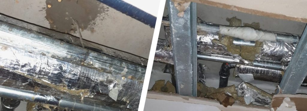 An energy company make a live leak repair to a 50mm steel pipe in a district heating system leaking in a ceiling space